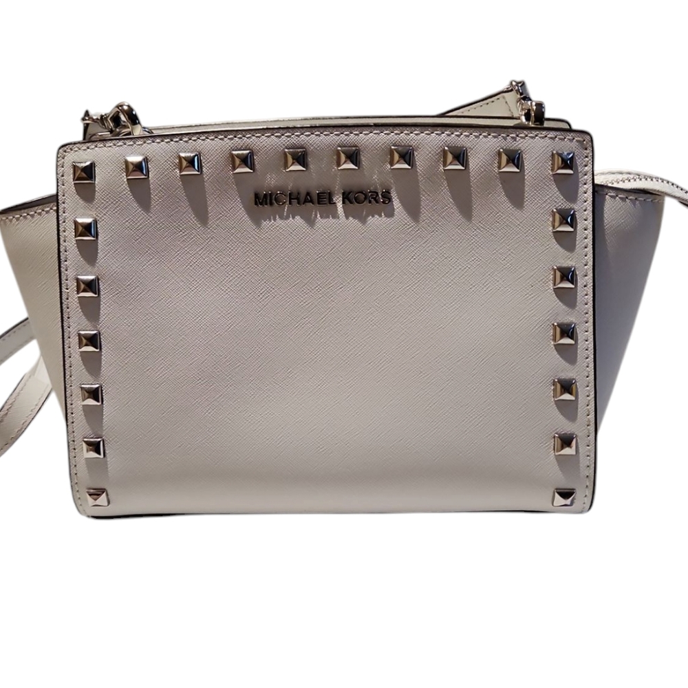 MICHAEL Michael Kors White Leather Satchel with Studded Details